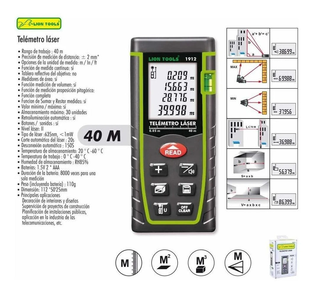 Medidor Láser Rango De 40 Metros Telemetro Lion Tools 1912