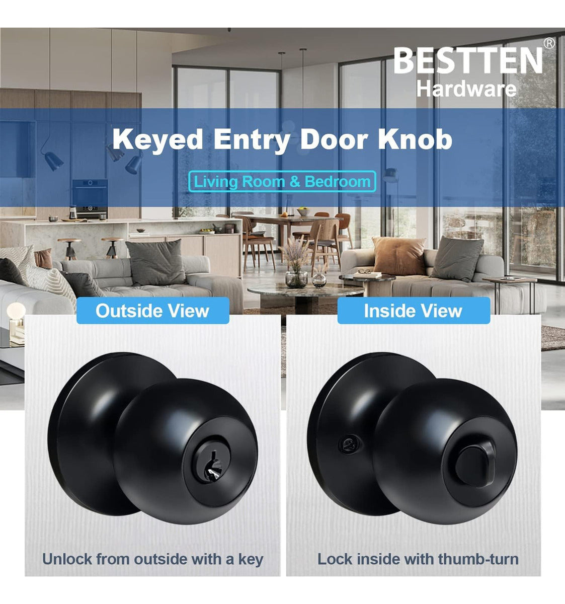 Cerradura Chapa Perilla Bola Negro Mate Puerta Recamara