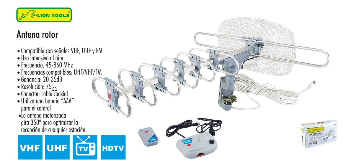 Antena Aérea Giratoria Con Rotor Hdtv Uhf/vhf/fm Lion Tools