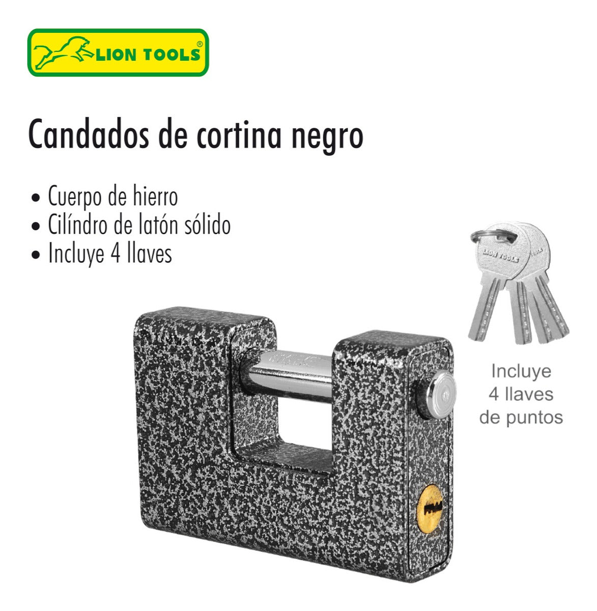 Candado De Hierro 90mm Negro Para Cortina Lion Tools Color Negro y plateado