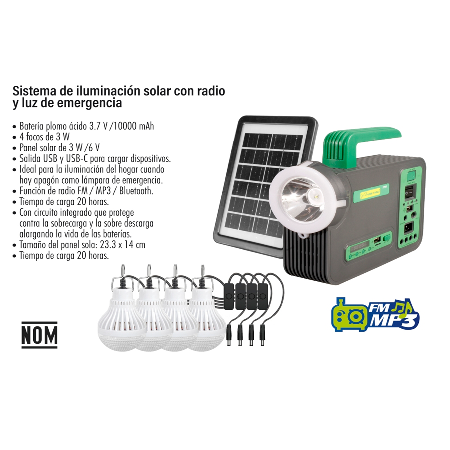 Sistema de iluminacion solar con radio y luz de emergencia