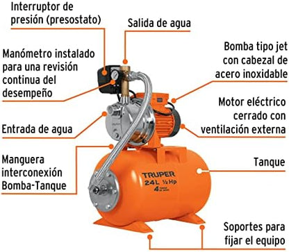 Truper HIDR-1/2X24, Bomba (Equipo hidroneumático) Uso doméstico, 24 Litros