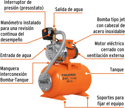 Truper HIDR-1/2X24, Bomba (Equipo hidroneumático) Uso doméstico, 24 Litros