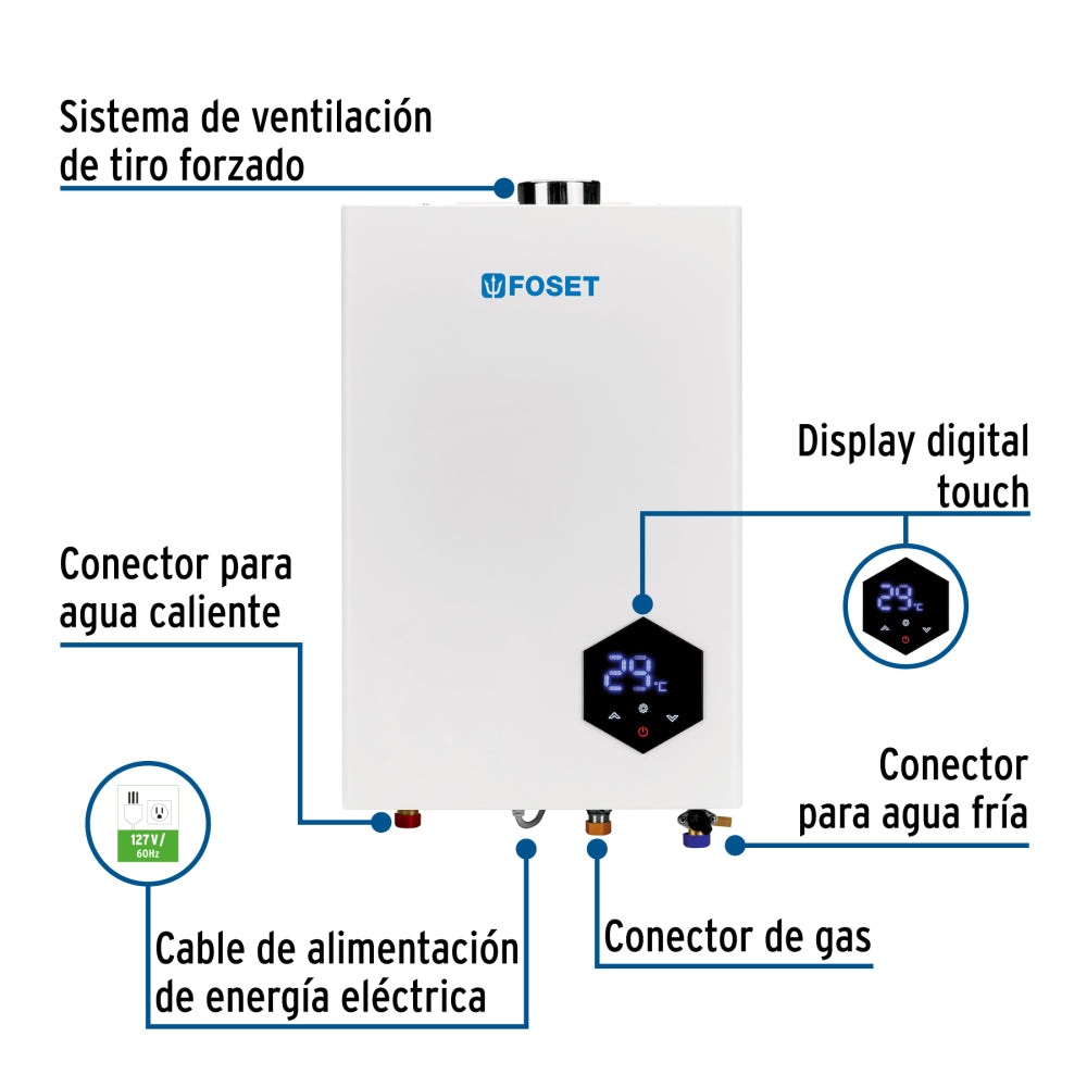 Calentador instantáneo modulante, 24L, 4 serv, gas LP, FOSET