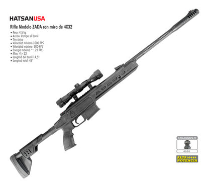 Rifle Hatsan Zada 1000 Fts  Mira 4x32 Cal 5.5 High Power Gris 5.5 Mm