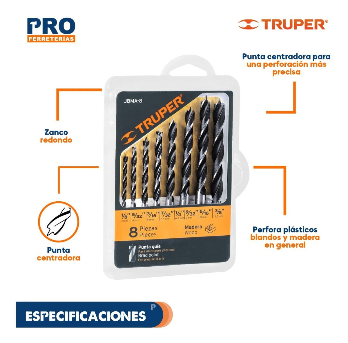 Juego Brocas Madera 8 Pz Truper 11338