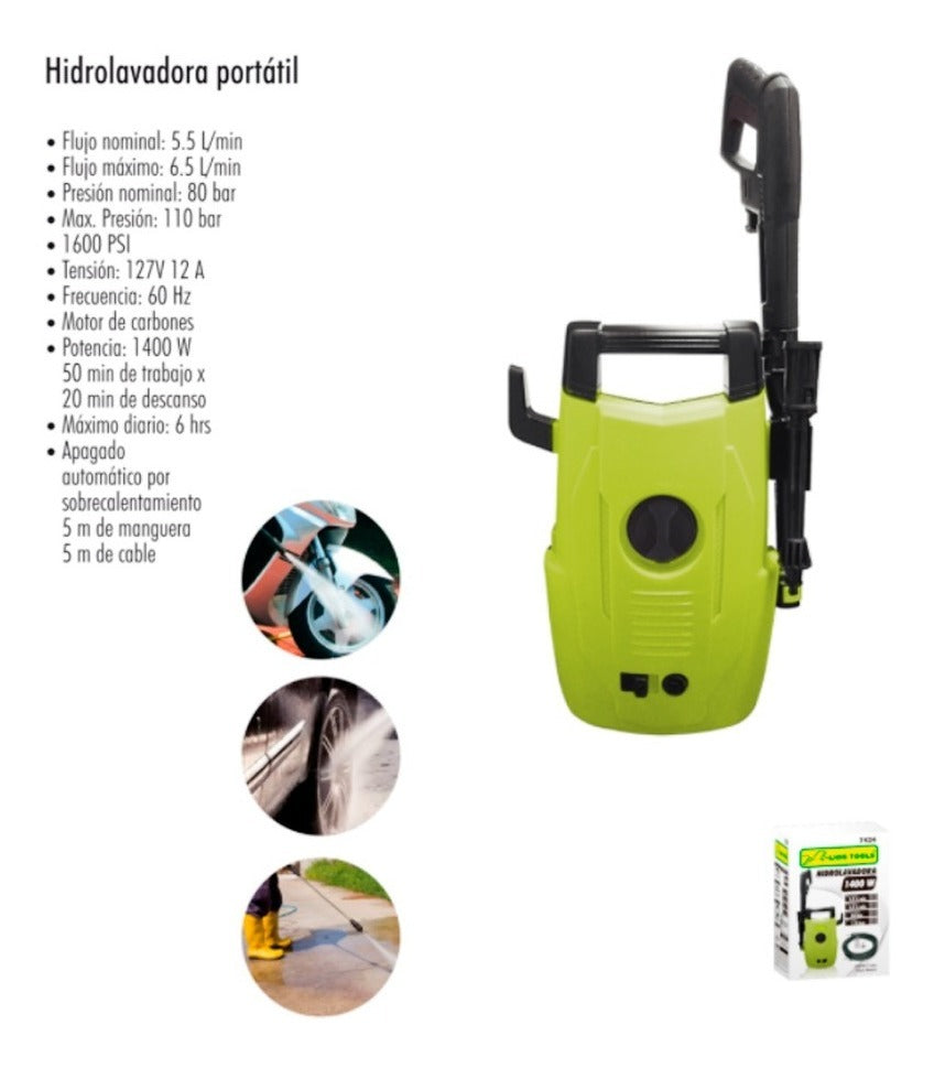 Hidrolavadora Portatil Maxima Presion 1600psi 1400w Msi Verde