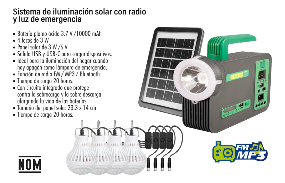 Sistema De Iluminacion Solar 5 Foco Led Usb Bateria Panel 3w Blanco