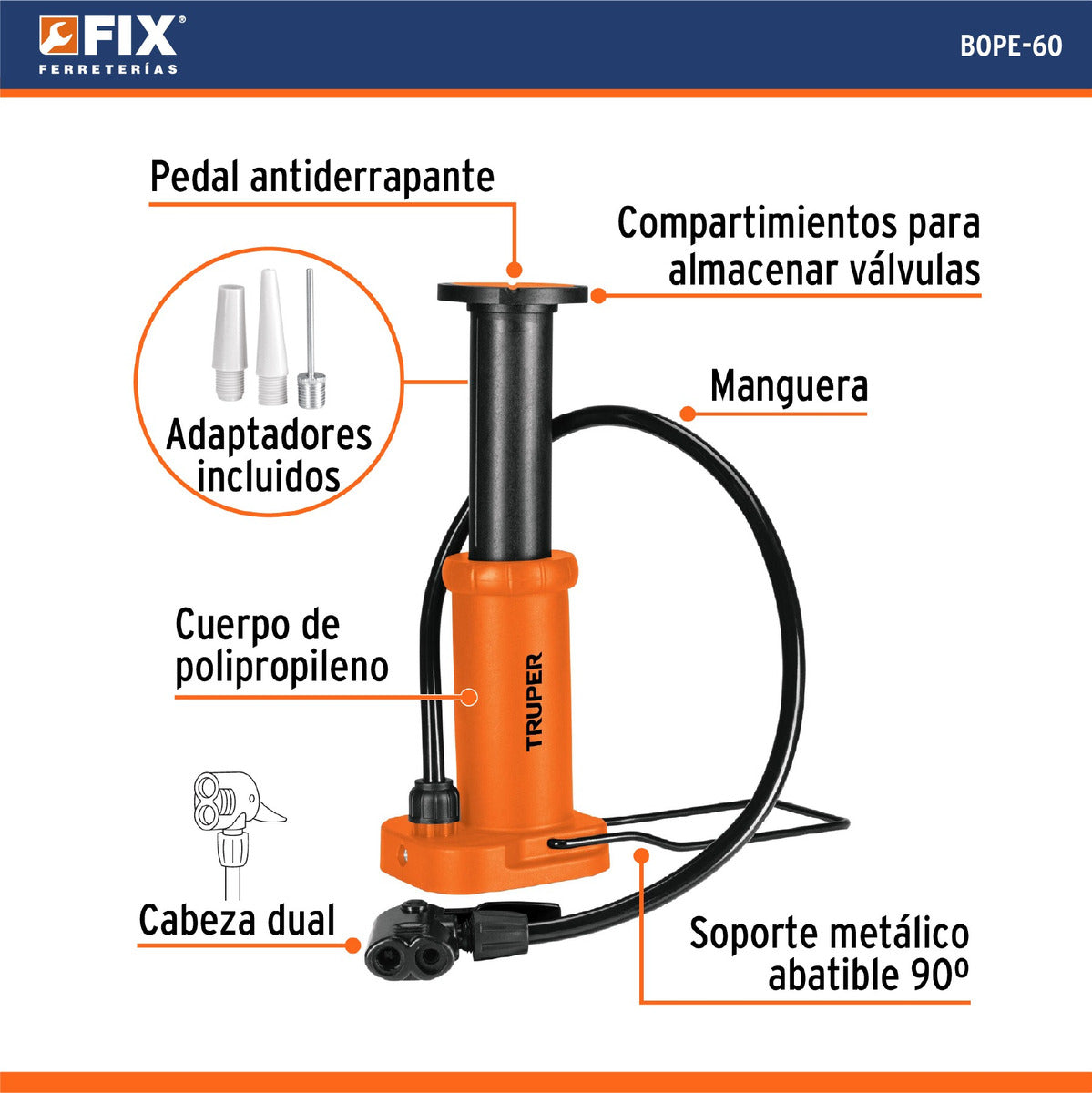 Bomba De Pedal 60 Psi Truper BOPE-60 101667 Color Naranja
