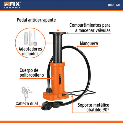 Bomba De Pedal 60 Psi Truper BOPE-60 101667 Color Naranja