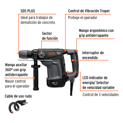 Rotomartillo SDS Plus 4 Joules, 1000W, TRUPER EXPERT